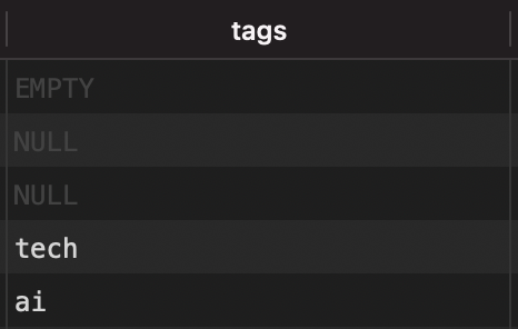 Die Spalte tags in einem Datenbank-Client: eine EMPTY-Zeile, zwei NULL-Zeilen und zwei Zeilen mit echten Tags