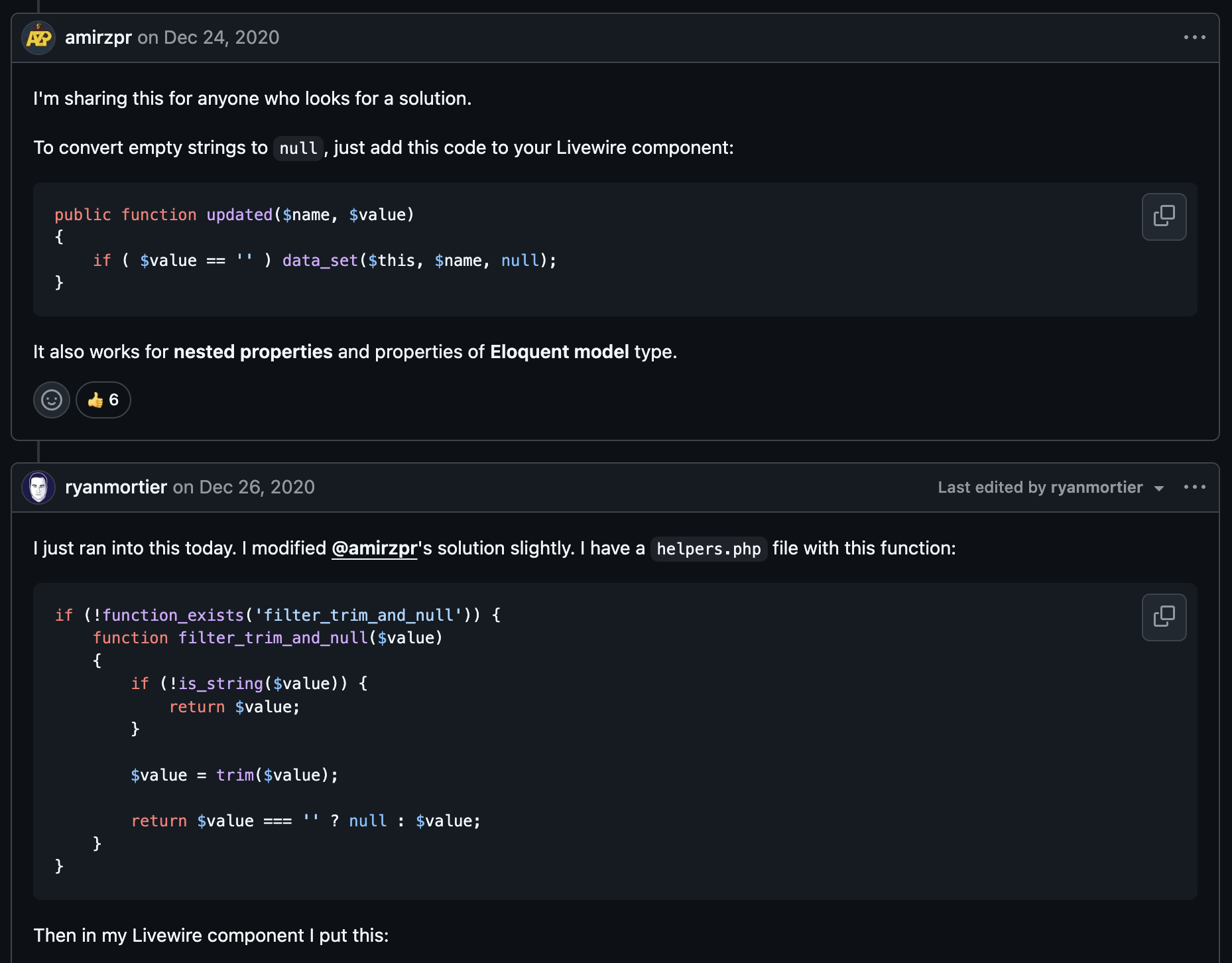 Community-Lösungen in Issue #823: ein updated()-Hook, der leere Werte per data_set auf null setzt, und eine Hilfsfunktion filter_trim_and_null